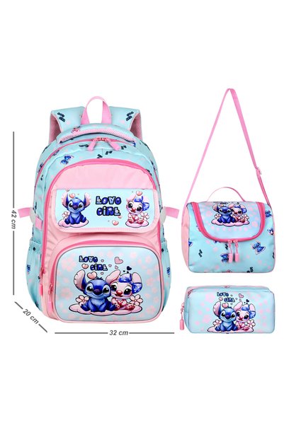 Waddell Set of 3 Leather Printed Stitch Patterned Primary School Backpacks, Thermal Lunch Bag and Pen Holder