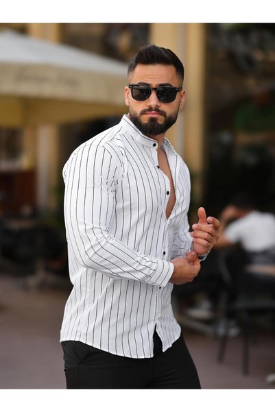 BAYIM Dikey İnce Çizgili Hakim Yaka Esnek Pamuklu İtalyan Stil Erkek Gömlek
