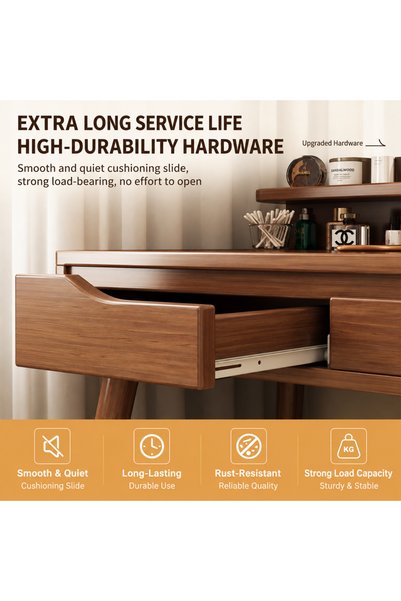 KEKE Modern Wooden Vanity Dressing Table with Round Mirror, Multiple Storage Drawers & Open Compartments,