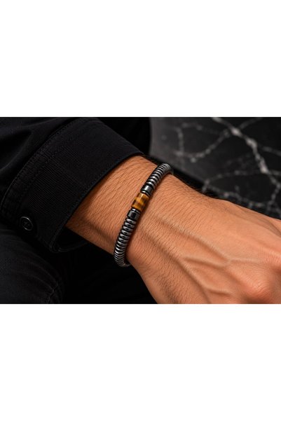 Valmont Men's Flexible Bracelet with Tiger's Eye and Matte Anthracite Hematite Stone