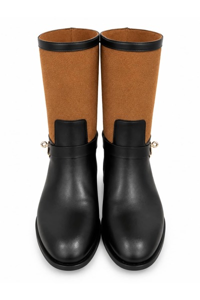 diclepolat Women's Black Tan Suede Buckle Short Heel Boots Sernis