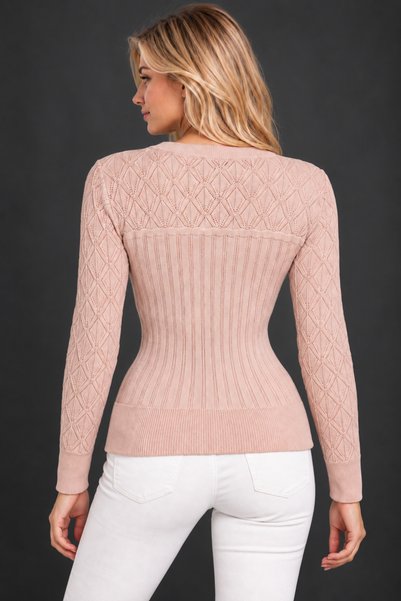TRQOM Women's Long Sleeve Round Neck Diamond Patterned Woven Detailed Openwork Soft Textured Stylish Casual Powder Knitwear Sweater