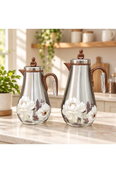 laverahome Silver Set of Two Thermoses with Large White Flowers and Gold Acce...