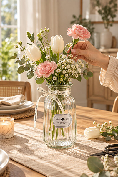 Porsima 04286 Striped Glass Vase – 1300 ml Transparent Vase with Ribbon Detai...