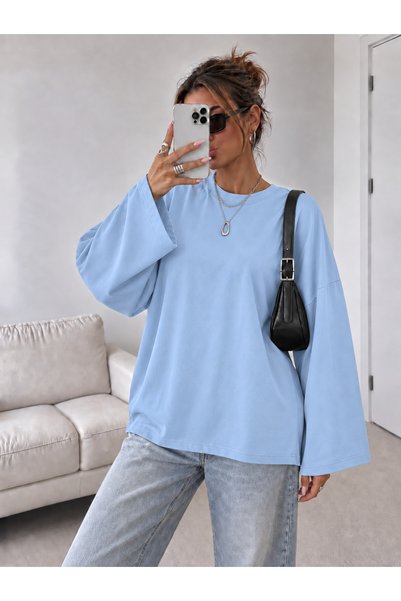 ÖZ PAMUK Women's Soft Crew Neck Oversized Cotton Inside Long Wide Sleeve Sweatshirt