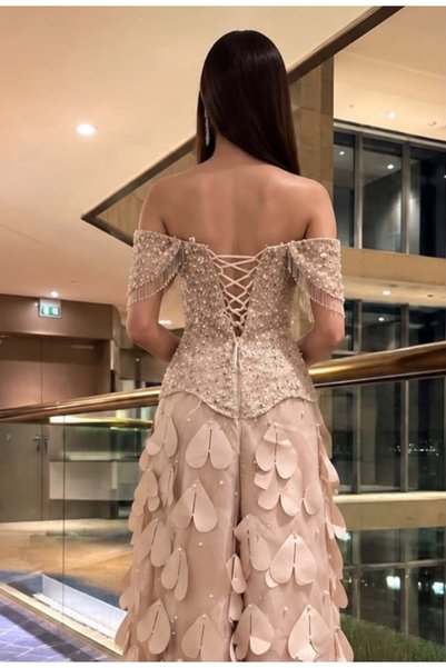BAKLAFASHO Off-Shoulder Long Evening Dress with Embroidered Bodice and Embossed Petal Skirt - Champagne Beige