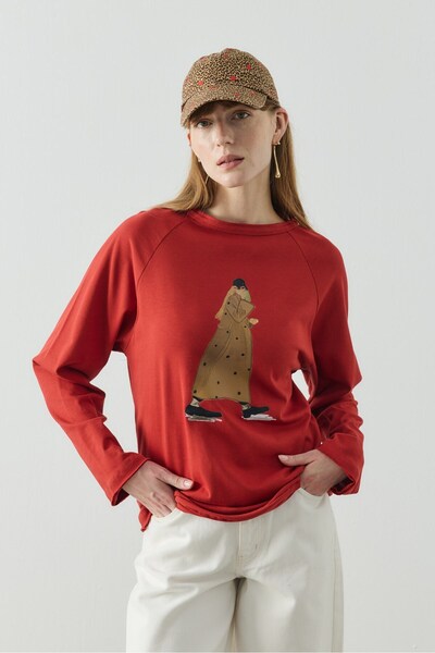 Molene Kırmızı Trench Girl Baskılı Uzun Kol T-shirt