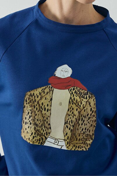 Molene Saks Mavisi Leopard Girl Baskılı Uzun Kol T-shirt