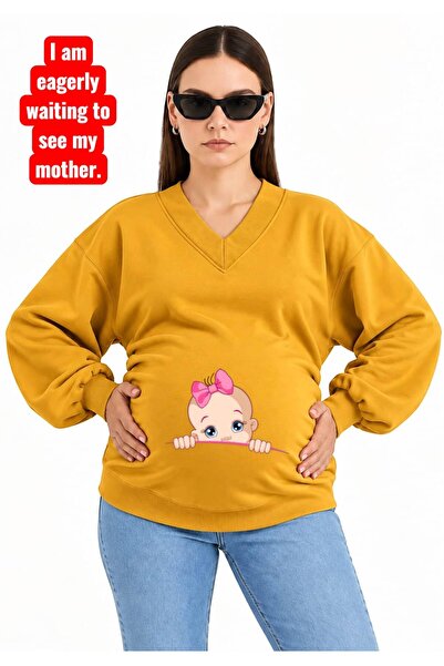 HELLO ROMA سويت شيرت للحوامل مطبوع بثلاث خيوط من القطن الممشط وياقة على شكل ح...