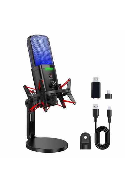 SOMIC RGB Işıklı Masaüstü Mikrofon Seti Standlı Yayıncı ve Podcast Mikrofonu Siyah