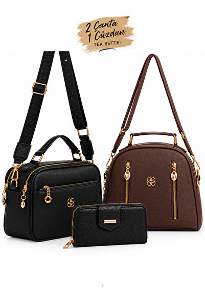 NEWISH POLO ACCESSORIES Women's Black Hand and Shoulder Bag with Three Compar...