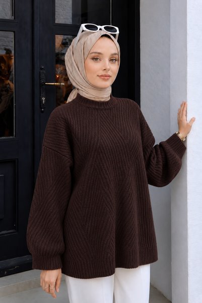 Lunfia Bisiklet Yaka Desenli Rahat Triko Tunik - Mürdüm