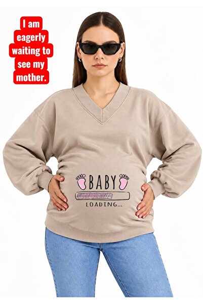 HELLO ROMA 3 Yarn Combed Cotton Baby Loadi̇ng Printed Pregnant V-Neck Sweatsh...