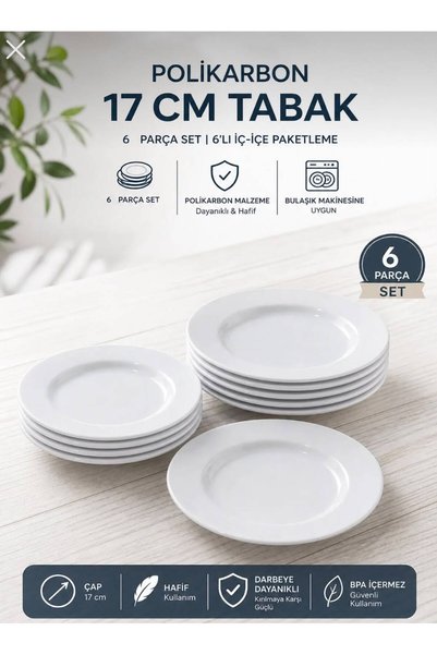 Adalinhome Polikarbon Kırılmaz Pasta Tatlı Tabağı 17 cm (6 ADET)
