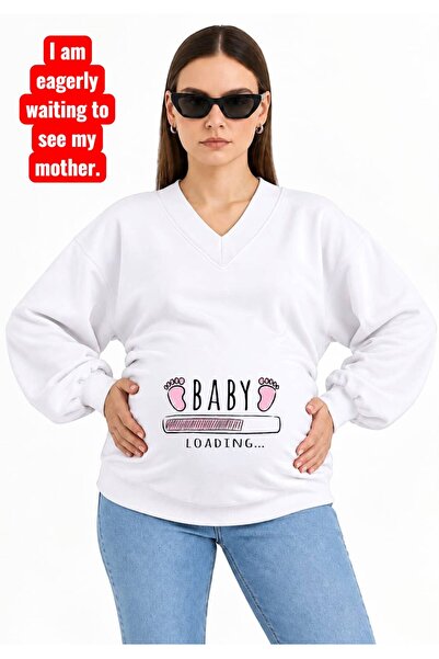 HELLO ROMA 3 Yarn Combed Cotton Baby Loadi̇ng Printed Pregnant V-Neck Sweatsh...