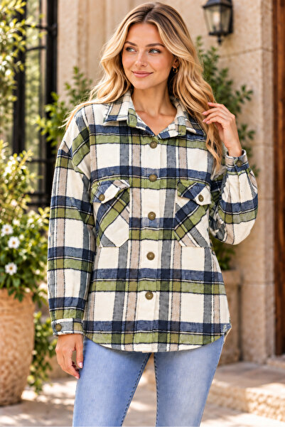 TRQOM Women's Buttoned Plaid Patterned Long Sleeve Double Pocket Stylish Tren...