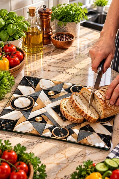 GÖKÇEOĞLU Glass Cutting Board Premium Geometric Mosaic Themed - Glass Cutting Board |   30cm X 40cm