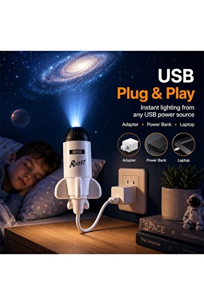 İMEXTECH Roket Tasarımlı USB Projeksiyon Lamba 12 Diskli Uzay Temalı Gece Lambası