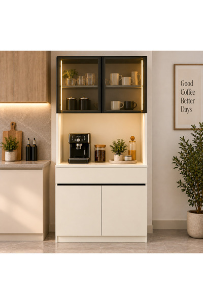 ALONEX HOME Lonex Kahve Köşesi 2 kapaklı LED Aydınlatmalı Temperli Cam Kapakl...