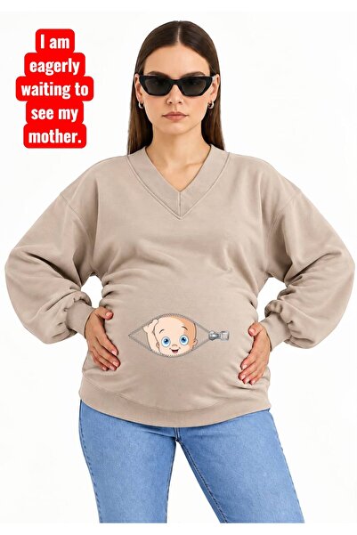 HELLO ROMA 3 Yarn Combed Cotton Zippered Baby Pregnant V-Neck Sweatshirt Jr4