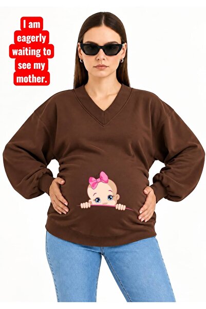 HELLO ROMA 3 Yarn Combed Cotton Printed Maternity V-Neck Sweatshirt Jr1