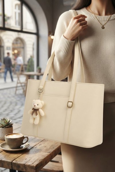 Modazirve Cream Plush Teddy Bear Daily Women's Bag with Hand and Shoulder Strap