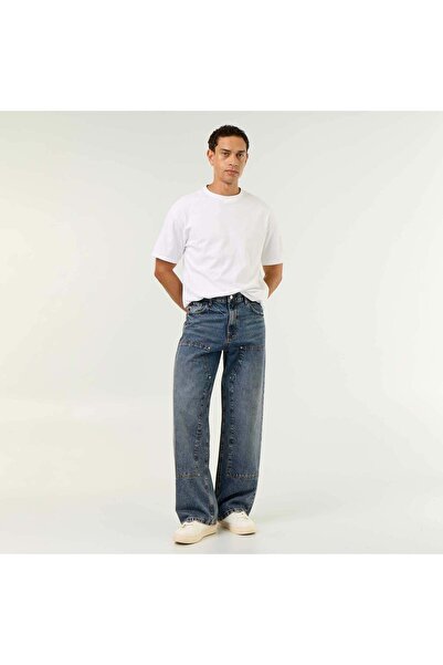 KIABI Solid Baggy Jeans With Decorative Panels Blue