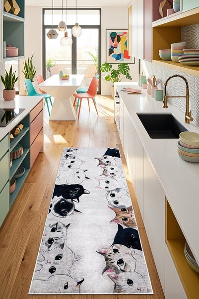 barsin home Kedi Desenli Dijital Baskı Halı Bej Krem Sevimli Kedi Figürlü Çoc...