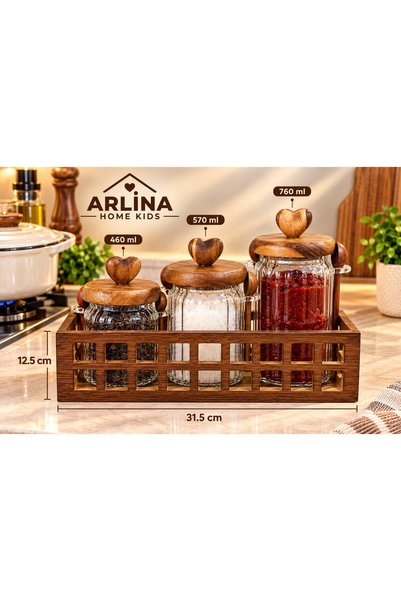 Arlina Home Kids 460 ml + 570 ml + 760 ml Ahşap Standlı Cam Kavanoz Seti
