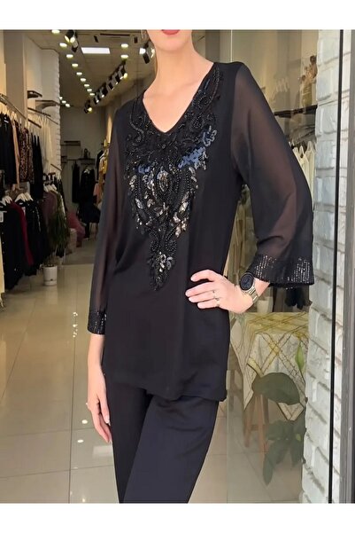 MİRVE BUTİK Embroidered Collar Chiffon Sleeved Blouse