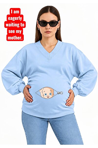 HELLO ROMA 3 Yarn Combed Cotton Zippered Baby Pregnant V-Neck Sweatshirt Jr4