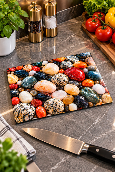 GÖKÇEOĞLU Glass Cutting Board with Colorful Pebbles Theme - Glass Cutting Boa...