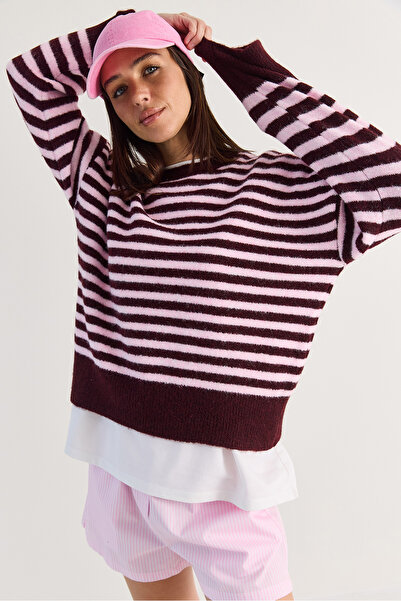 Bianco Lucci Women's Striped Crew Neck Oversize Knitwear Sweater 2870 60286612