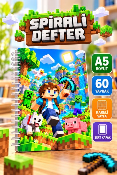 Genel Markalar Minecraft Temalı A5 Kareli Spiralli Defter 60 Yaprak – Okul ve...