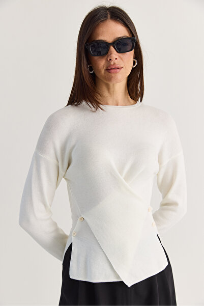 Bianco Lucci Bluză de damă, ecru, cu nasturi la talie, detaliată, din tricot ...