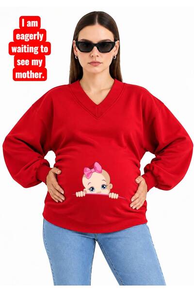 HELLO ROMA 3 Yarn Combed Cotton Printed Maternity V-Neck Sweatshirt Jr1
