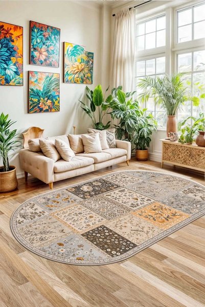 df home Salon Halısı Geometrik İskandinav Toz Tutmaz Dijital Baskı Yıkanabilir Kaymaz Taban 9169/Oval