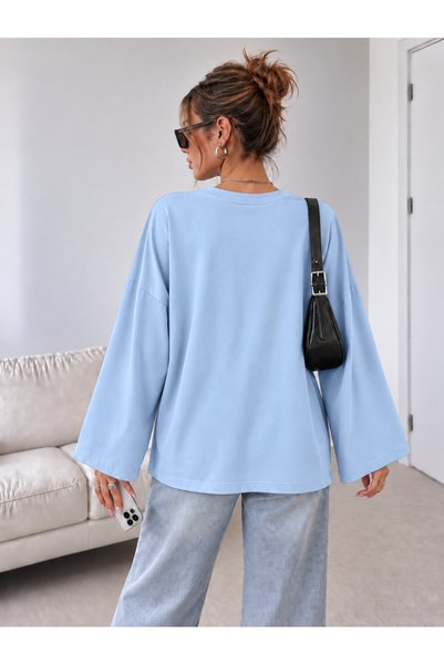 ÖZ PAMUK Women's Soft Crew Neck Oversized Cotton Inside Long Wide Sleeve Sweatshirt