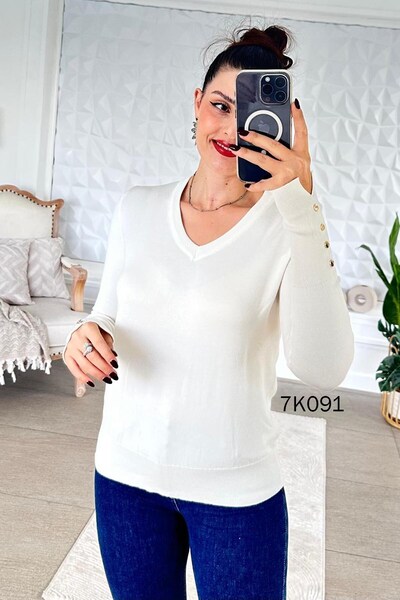 İnce Topuk V-Neck Sleeves Metal Buttoned Knitwear Blouse 7K091