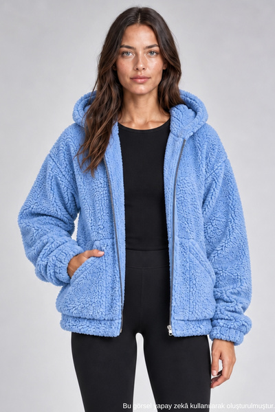 Freemen Kadın Mavi Oversize Kapüşonlu Fermuarlı Cepli Peluş Sweatshirt