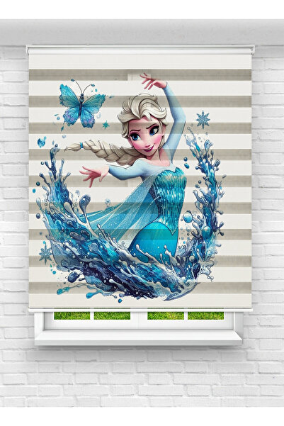 Buz Prensesi Elsa Temalı Su Ve Kar Tanesi Motifli Dijital Zebra Perde - Bebek Ve Kız Çocuk Odası Perdesi