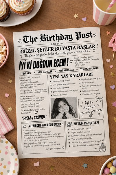 Pankart Evi Kız Çocuk Doğum Günü Partisi Gazete Sayfası 10 adet - A5 ölçüsü Tek Yön - Happy Birthday Yaş Günü Doğumgünü