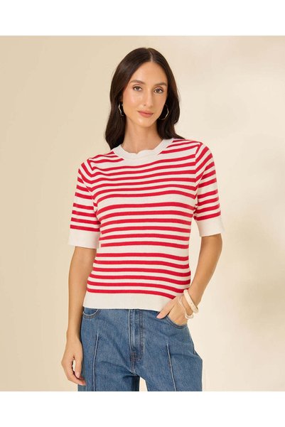 REDTAG Women Ivory And Red Striped Crew Neck Sweater