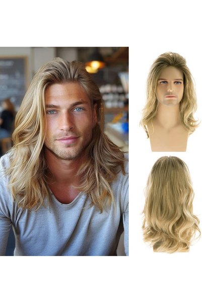 Dsimeig Long Wig for Men, Wavy Hair, 45 cm, Heat-Resistant Synthetic Fiber, O...