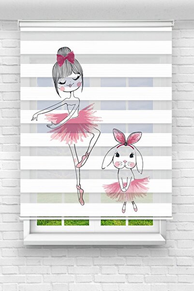 Dijital Baskılı Zebra Perde - Pembe Balerin Kız Ve Sevimli Tavşan Desenli Kız Çocuk Odası Stor Perde