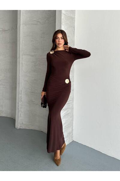 ALPŞAN TİCARET Women's Long Sleeve Draped Long Dress with Metal Accessory Det...