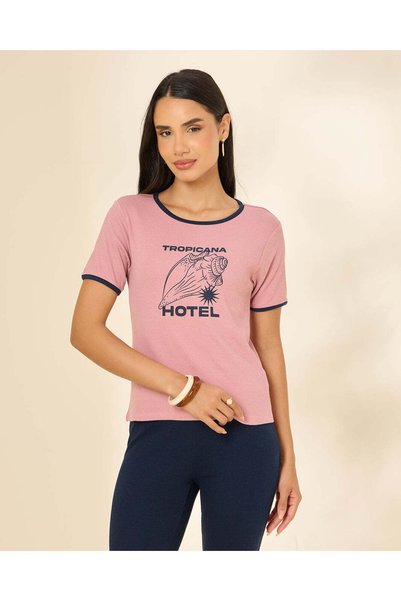 REDTAG تي شيرت نسائي وردي مطبوع مضلع