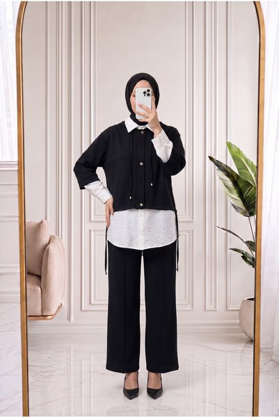 MİHRA STORE Renaz Shirted Caprikol 3-Piece Oy*Ho Set-Mf1929 Black
