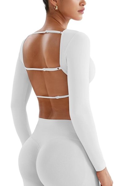 GENERAL YEOREO Women's Backless Long Sleeve Adjustable Straps Seamless Crop T...