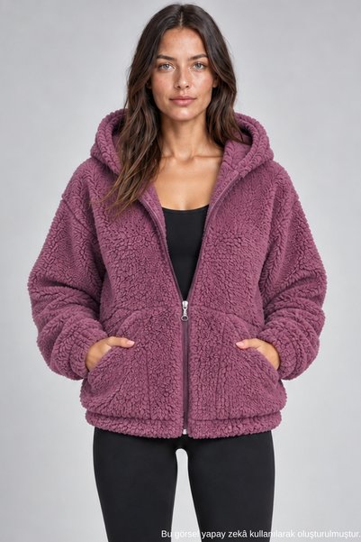 Freemen Kadın Mürdüm Oversize Kapüşonlu Fermuarlı Cepli Peluş Sweatshirt
